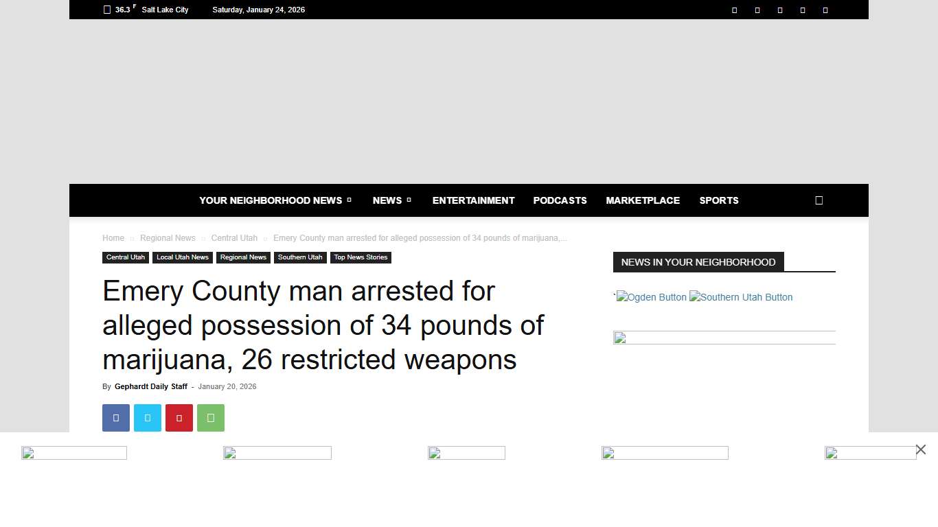 Emery County man arrested for alleged possession of 34 pounds of marijuana, 26 restricted weapons Gephardt Daily
